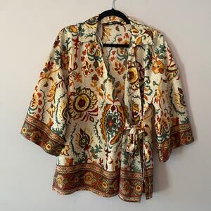 Zara White Orange Green Side Tie Blouse Flowy Bohemian Silky Women's size Medium